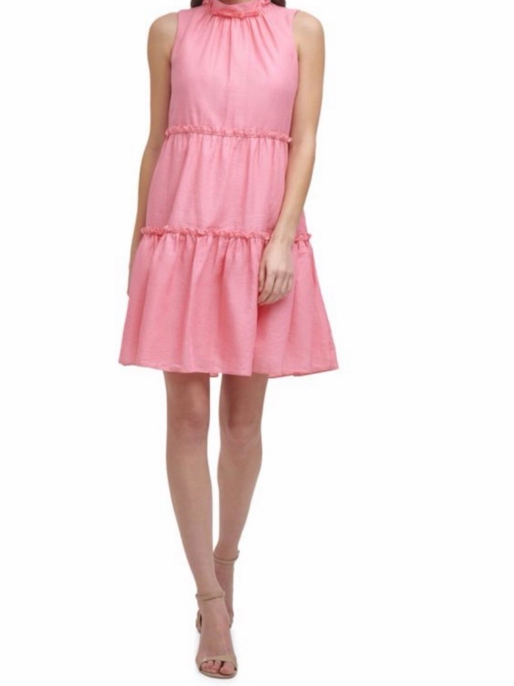 Vince Camuto Coral Pink Sleeveless Tiered Linen Ruffle Dress